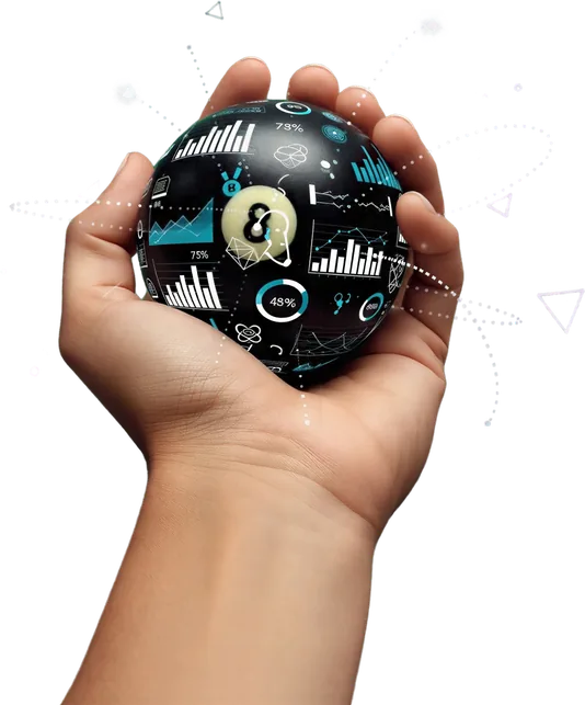 A hand holding a black 8-ball covered in charts and statistics
